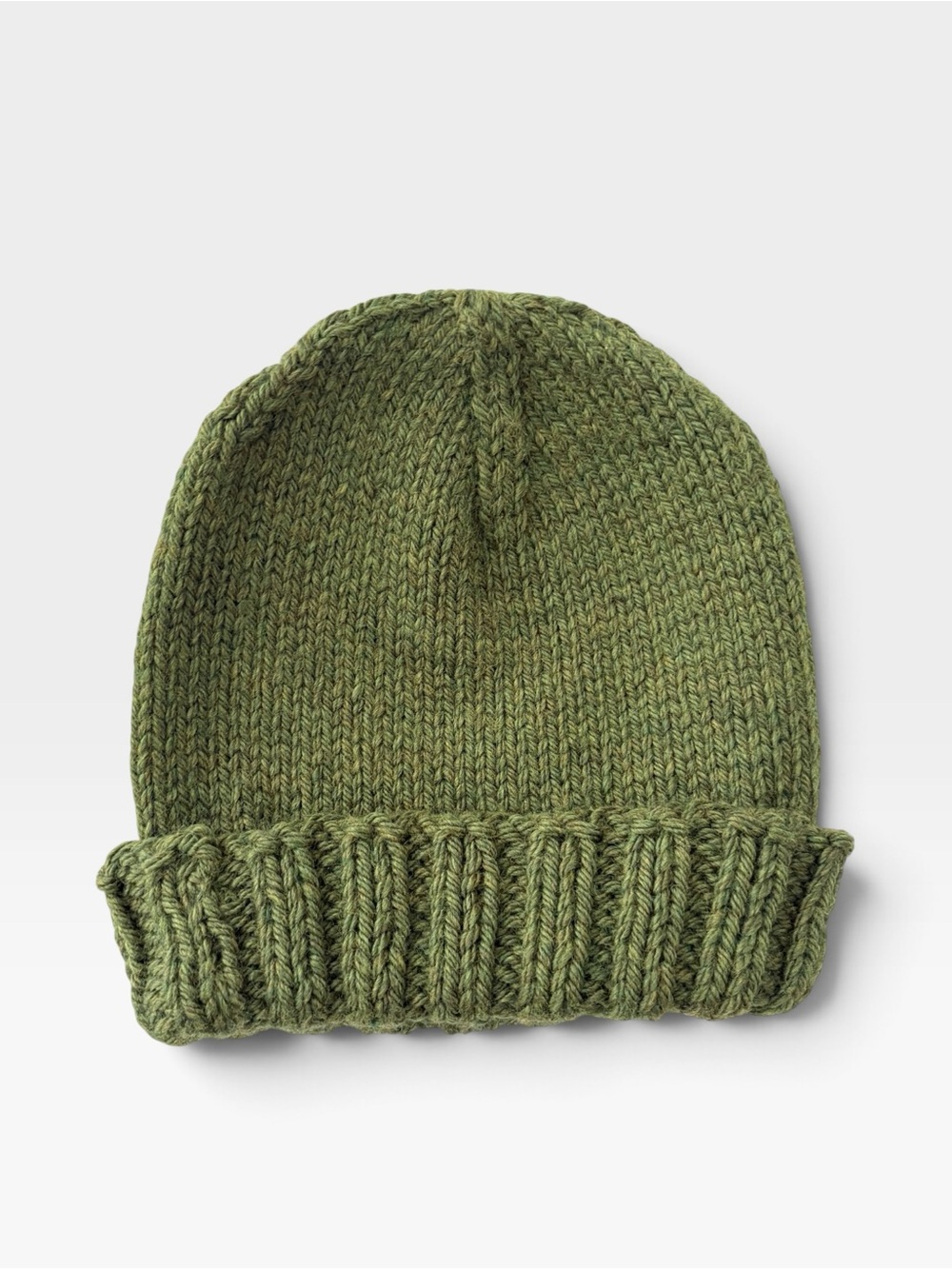 Hand Knit Olive Green Beanie Ribbed Cuff Unisex One Size Winter Hat
